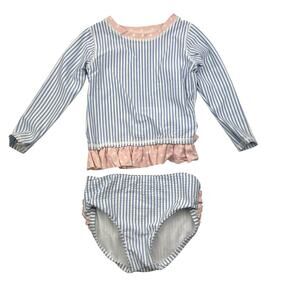 RuffleButts Blue Striped Rash Guard Swimsuit